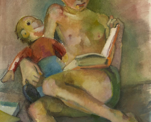Abbildung von Ruth Baumgarte. Lesender Knabe mit Affe (Dieter/Didi). 1947