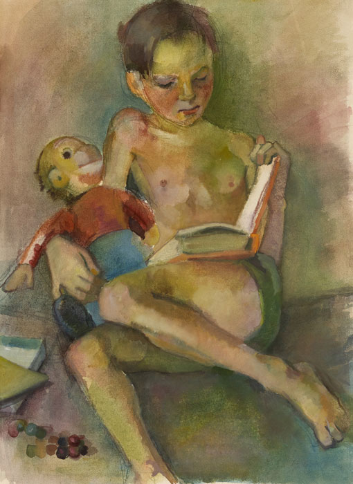 Abbildung von Ruth Baumgarte. Lesender Knabe mit Affe (Dieter/Didi). 1947