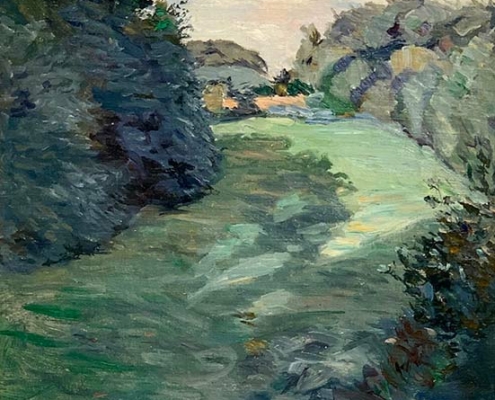 Abbildung von Bernhard Pankok. Mit Bäumen umsäumte Waldwiese im Schatten später Sonne