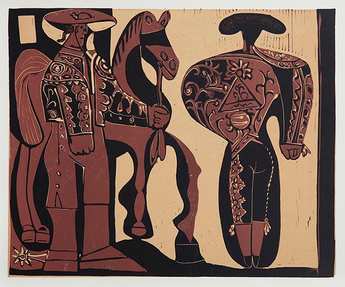Abbildung von Pablo Picasso. Picador und Torero, bereit zum feierlichen Einzug der Stierkämpfer.1959