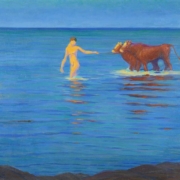 Abbildung von Herbert Rolf Schlegel. Badende, zwei Ochsen zum Ufer führend. 1920