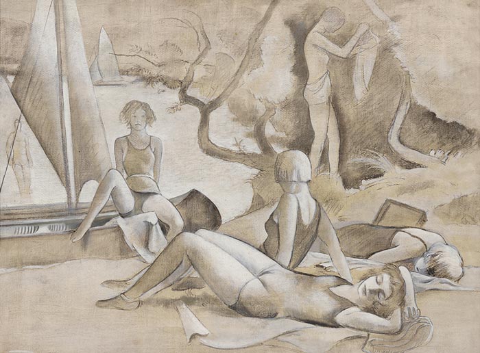 Abbildung von József Batót. Badesee mit Figurengruppe. 1921