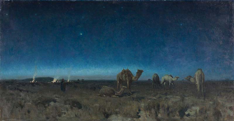 28.03.–13.09.26<br>LWL-Museum für Kunst und Kultur: Unterwegs mit dem Hasen Felix Abbildung von Eugen Bracht. Mondnacht in der Wüste. 1909