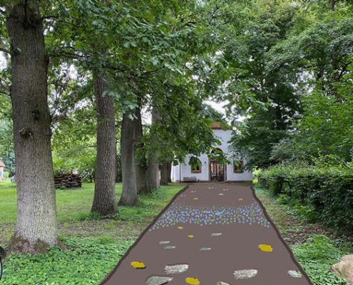 28.06.–06.08.26<br>RHEINE | Kloster Bentlage: Kunst zwischen Kloster und Park Abbildung von Ann Aspinwall und Susan Goethel Campbell. Visualisierung des Kutschenpfads