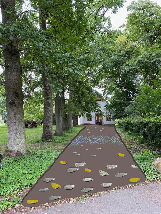 28.06.–06.08.26<br>RHEINE | Kloster Bentlage: Kunst zwischen Kloster und Park Abbildung von Ann Aspinwall und Susan Goethel Campbell. Visualisierung des Kutschenpfads