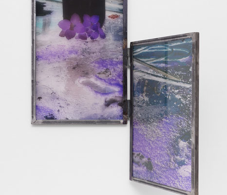 Euridice Zaituna Kala. Nuit Américaine. 2024. Courtesy the artist. Foto: Aurélien Mole Glasinstallation „Nuit Américaine“ von Euridice Zaituna Kala mit violetten und dunklen fotografischen Motiven in zwei Stahlrahmen