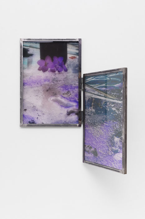 Euridice Zaituna Kala. Nuit Américaine. 2024. Courtesy the artist. Foto: Aurélien Mole Glasinstallation „Nuit Américaine“ von Euridice Zaituna Kala mit violetten und dunklen fotografischen Motiven in zwei Stahlrahmen