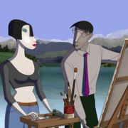 Animationsfilmszene aus „Ruben Brandt, Collector“ mit einer Frau und einem malenden Mann vor einer Berg- und Seenlandschaft