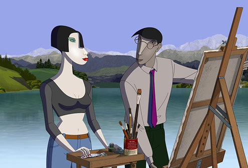 Ruben Brandt, Collector. 2018. © drop out cinema Animationsfilmszene aus „Ruben Brandt, Collector“ mit einer Frau und einem malenden Mann vor einer Berg- und Seenlandschaft
