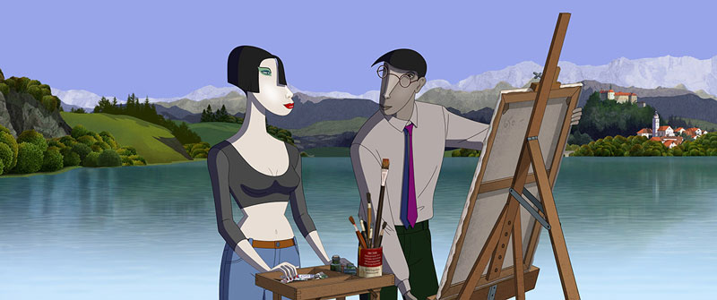 Ruben Brandt, Collector. 2018. © drop out cinema Animationsfilmszene aus „Ruben Brandt, Collector“ mit einer Frau und einem malenden Mann vor einer Berg- und Seenlandschaft