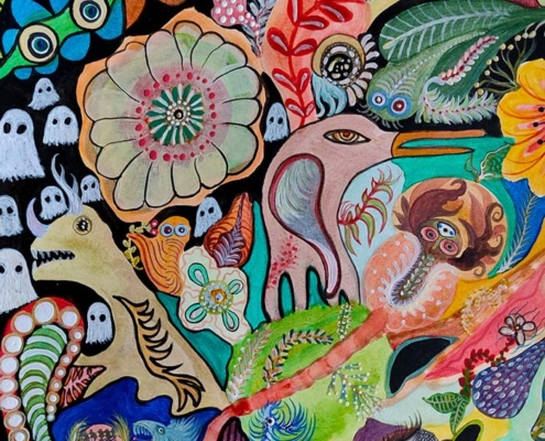 25.10.26–31.01.27<br> Kunsthaus Kannen: Jahres- und Verkaufsausstellung 2026 Farbenreiche Arbeit „Schöpfolution. Schwarzwurzeln und Sonnenbrand“ von Stefan Tiersch mit fantastischen Tier-, Pflanzen- und Fantasieformen