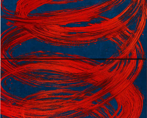 27.08.26–30.05.27<br> Paulusmuseum: Ich gehe, aber wohin? „Vado, ma dove?“ von Fabienne Verdier mit dynamischen roten Pinselbahnen auf dunkelblauem Grund