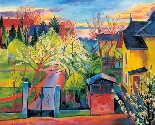 1926_Felixmueller Farbenfrohes Gemälde „Frühlingsabend in Klotzsche“ von Conrad Felixmüller aus dem Jahr 1926 mit blühenden Bäumen, Gärten und Häusern in einer dörflichen Landschaft