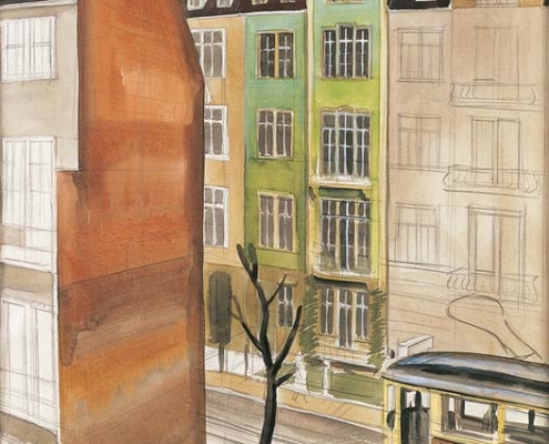 11.10.26–09.05.27<br>HOLZWICKEDE | Museum Haus Opherdicke: Blühende Oasen – Werke aus der Sammlung Brabant Gemälde „Stadtbild mit Straßenbahn“ von Rudolf Dischinger aus dem Jahr 1934 mit mehrgeschossigen Stadthäusern, einer Straßenbahn und einem kahlen Baum im Vordergrund