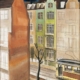Gemälde „Stadtbild mit Straßenbahn“ von Rudolf Dischinger aus dem Jahr 1934 mit mehrgeschossigen Stadthäusern, einer Straßenbahn und einem kahlen Baum im Vordergrund