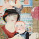 Gerta Overbecks Gemälde „Mutter und Kind beim Friseurladen“ von 1924 mit einer Frau und einem Kind vor der farbenreichen Szenerie eines Friseursalons