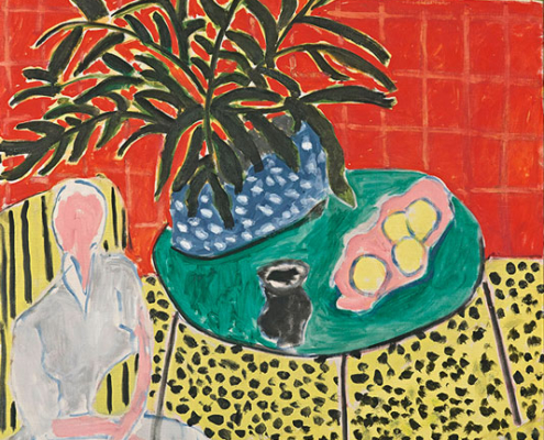 Henri Matisse. Intérieur à la Fougère Noire. 1948 Henri Matisses „Intérieur à la Fougère Noire“ von 1948 mit Pflanzen, Figuren und ornamental gemusterten Farbflächen