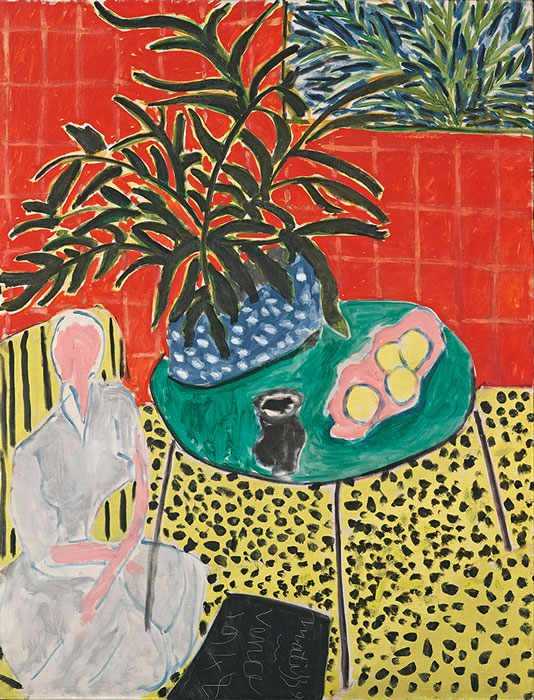 Henri Matisse. Intérieur à la Fougère Noire. 1948 Henri Matisses „Intérieur à la Fougère Noire“ von 1948 mit Pflanzen, Figuren und ornamental gemusterten Farbflächen