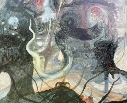 19.09.26–10.01.27<br>LINGEN | Kunsthalle: Ishmat Habib Expressives Gemälde „Ohne Titel“ von Ishmat Habib aus dem Jahr 2026 mit organischen, teils figürlich wirkenden Formen in Grau-, Blau- und Grüntönen sowie geschwungenen Linien