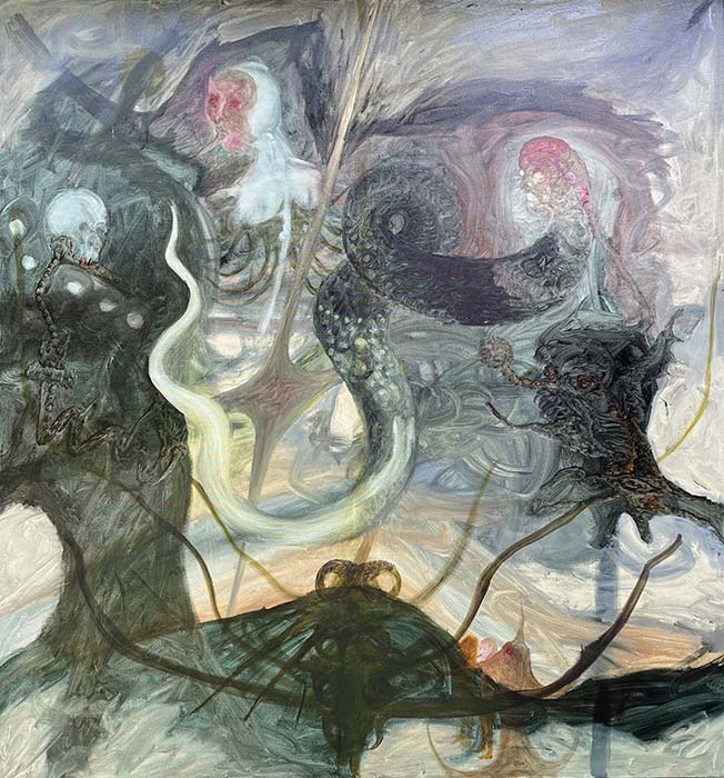 19.09.26–10.01.27<br>LINGEN | Kunsthalle: Ishmat Habib Expressives Gemälde „Ohne Titel“ von Ishmat Habib aus dem Jahr 2026 mit organischen, teils figürlich wirkenden Formen in Grau-, Blau- und Grüntönen sowie geschwungenen Linien