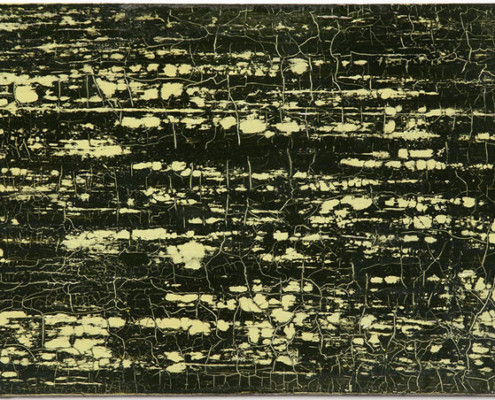 12.09.26–03.01.27<br> Skulpturenpark Waldfrieden: Farbe! Farbe! Abstrakte Lackmalerei „Ohne Titel“ von Oskar Schlemmer aus dem Jahr 1941 mit hellen, netzartigen Strukturen auf dunklem Grund