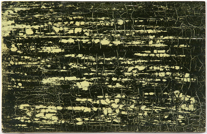 12.09.26–03.01.27<br> Skulpturenpark Waldfrieden: Farbe! Farbe! Abstrakte Lackmalerei „Ohne Titel“ von Oskar Schlemmer aus dem Jahr 1941 mit hellen, netzartigen Strukturen auf dunklem Grund