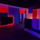 Begehbare Lichtinstallation von Yoana Tuzharova mit geometrischen Wand- und Raumkörpern, die durch intensive rote, violette und blaue Lichtakzente hervorgehoben werden